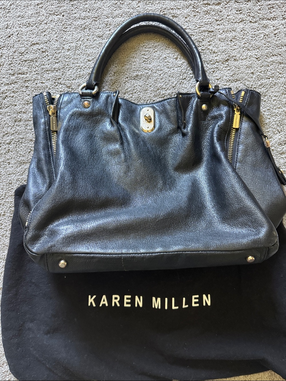 Karen Millen Black Leather Satchel with Gold Hardware w/ Dustbag